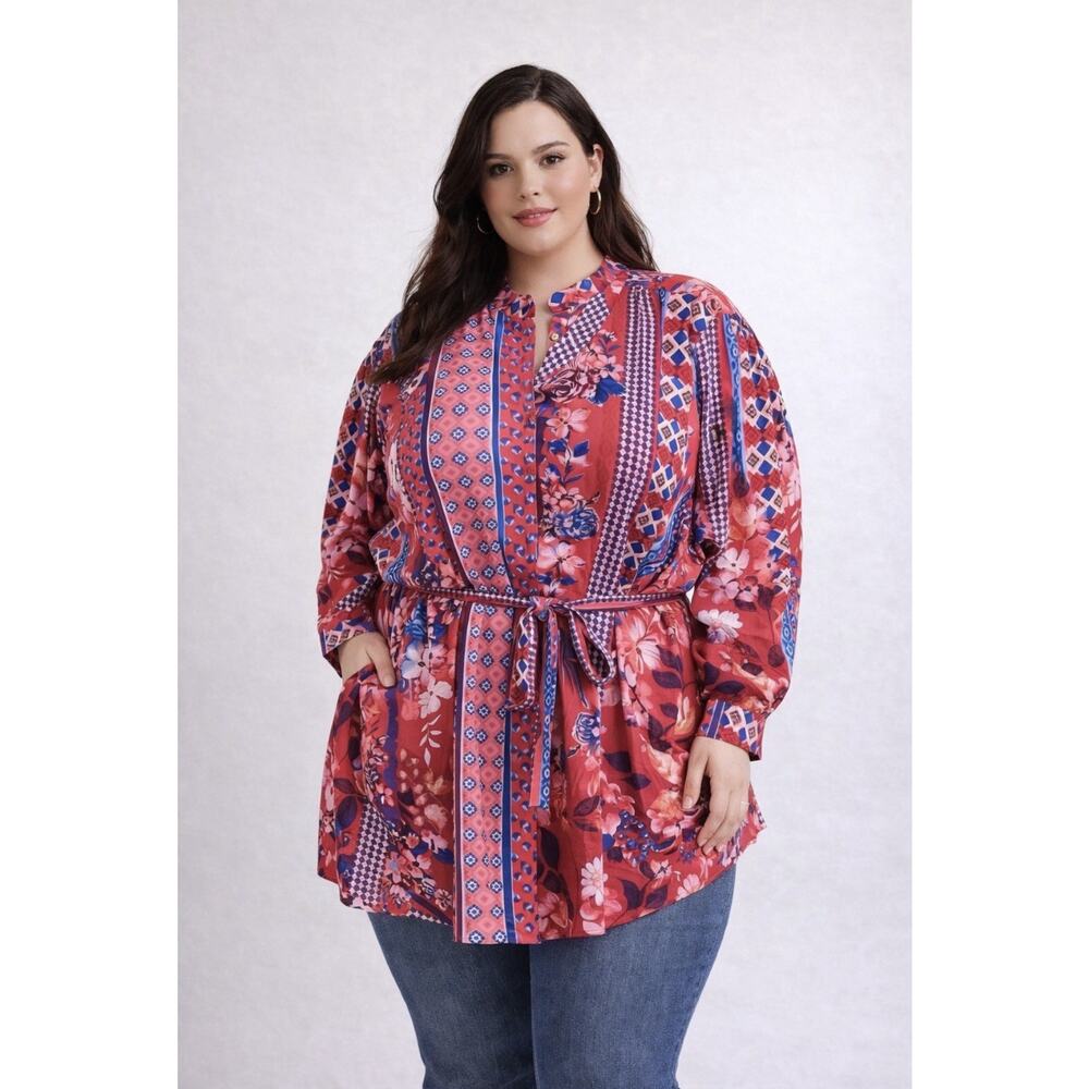 Anthro Tolani Floral Tunic Blouse 3X Plus Size Boho Tie Waist Top NWT